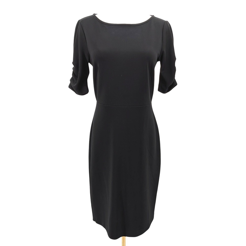 Ann Taylor Petite Black Sheath Dress Ruched Sleeve Minimalist Career 4P‎